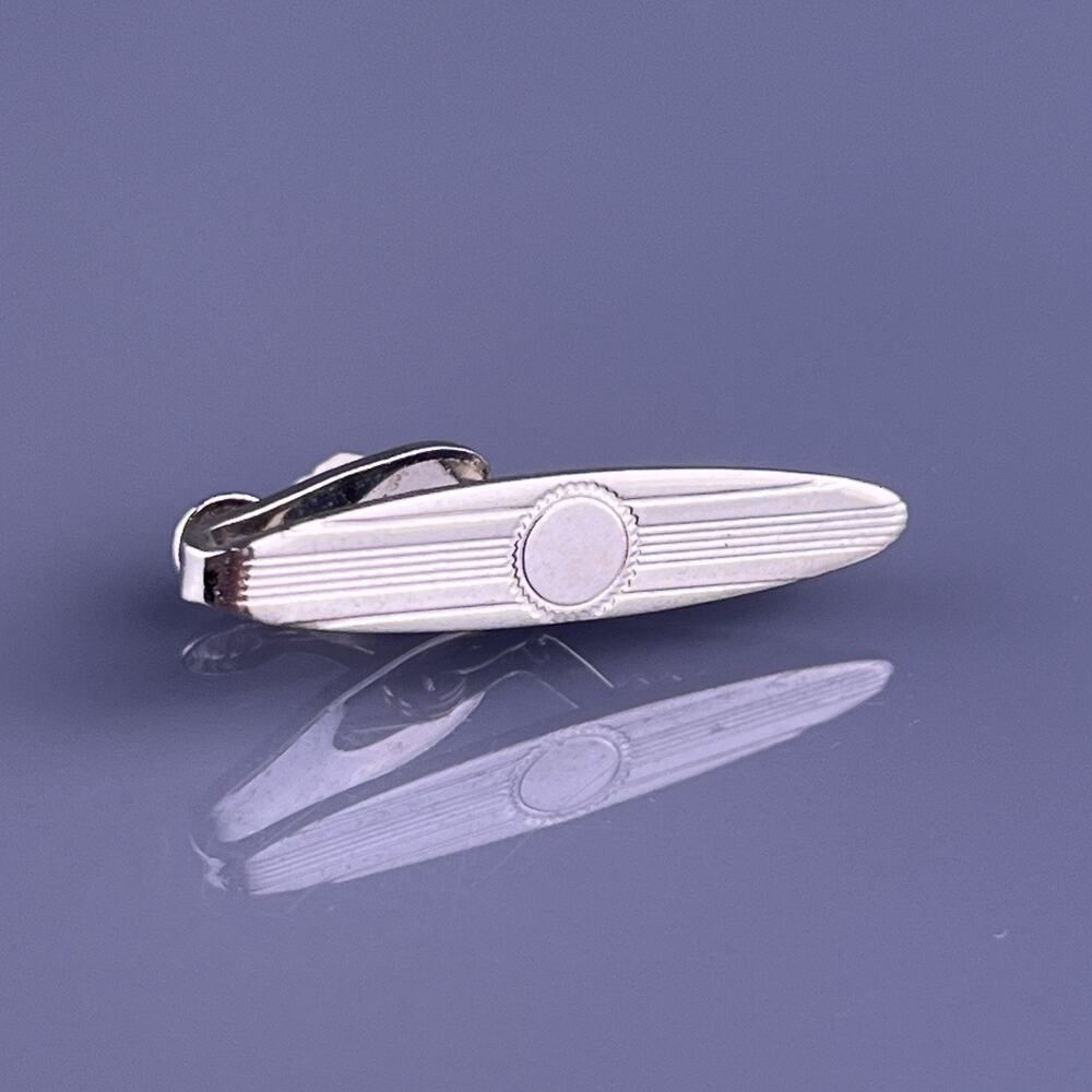 Small Stripes Lines Tie Clip Bar Silver Tone Simple Oval Vintage